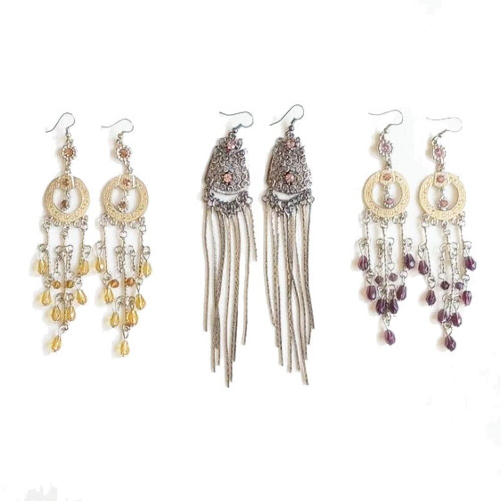 Vintage 3 Pair Silver Boho Earrings Swarovski Glass Topaz Rose Amethyst